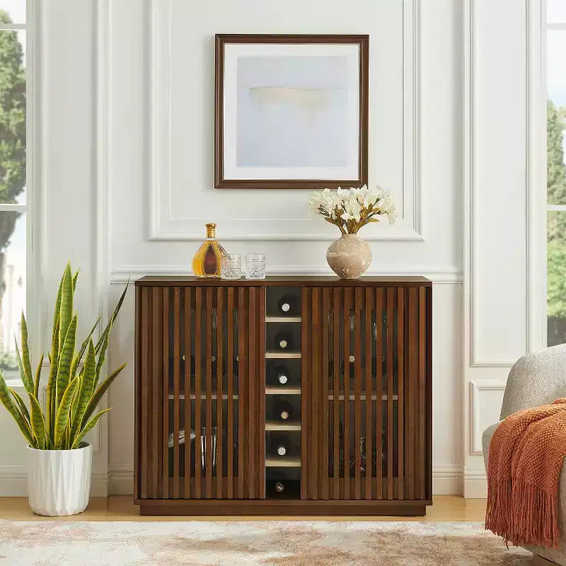 Modern 43" Wooden Fluted Buffet Cabinet with Rack and Wine Glass Holder