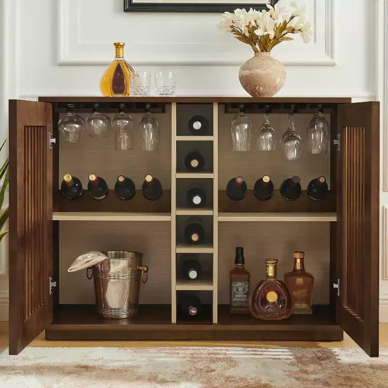 Modern 43" Wooden Fluted Buffet Cabinet with Rack and Wine Glass Holder