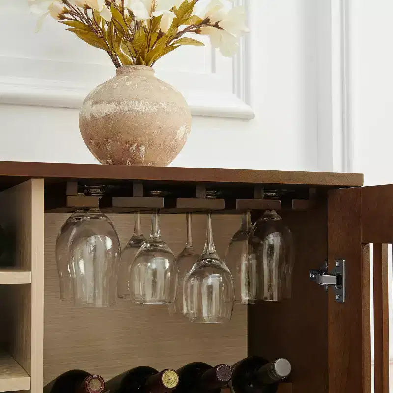 Modern 43" Wooden Fluted Buffet Cabinet with Rack and Wine Glass Holder
