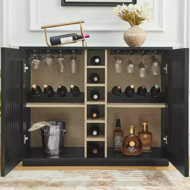 Modern 43" Wooden Fluted Buffet Cabinet with Rack and Wine Glass Holder