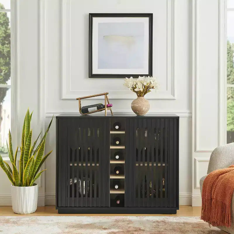 Modern 43" Wooden Fluted Buffet Cabinet with Rack and Wine Glass Holder