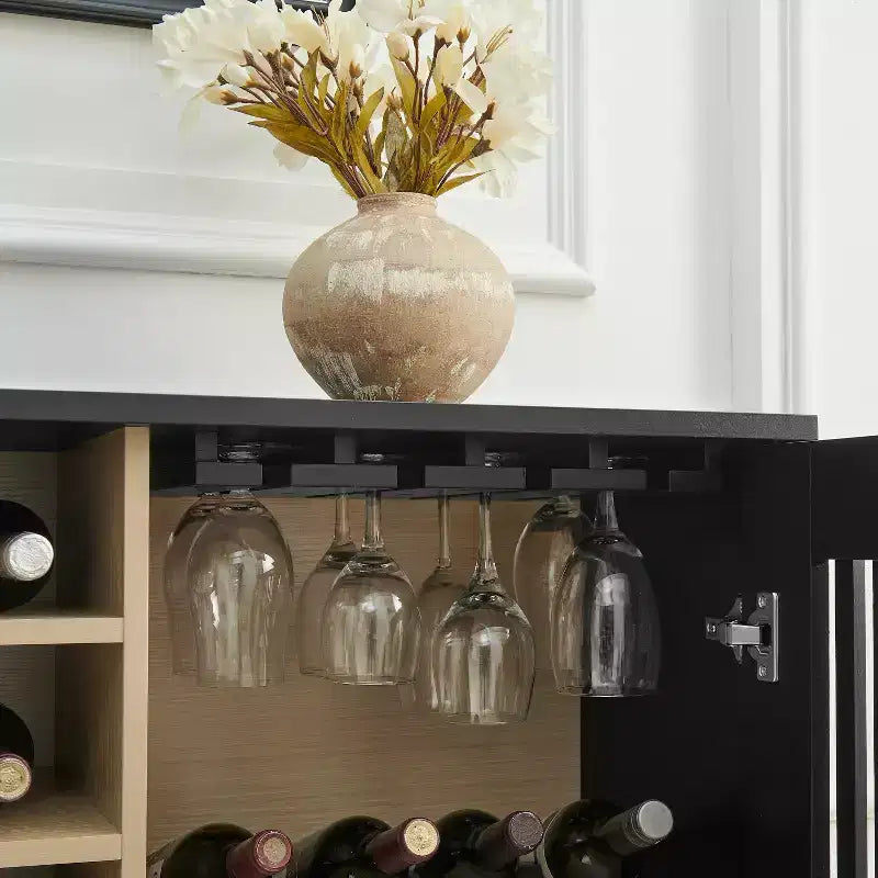 Modern 43" Wooden Fluted Buffet Cabinet with Rack and Wine Glass Holder