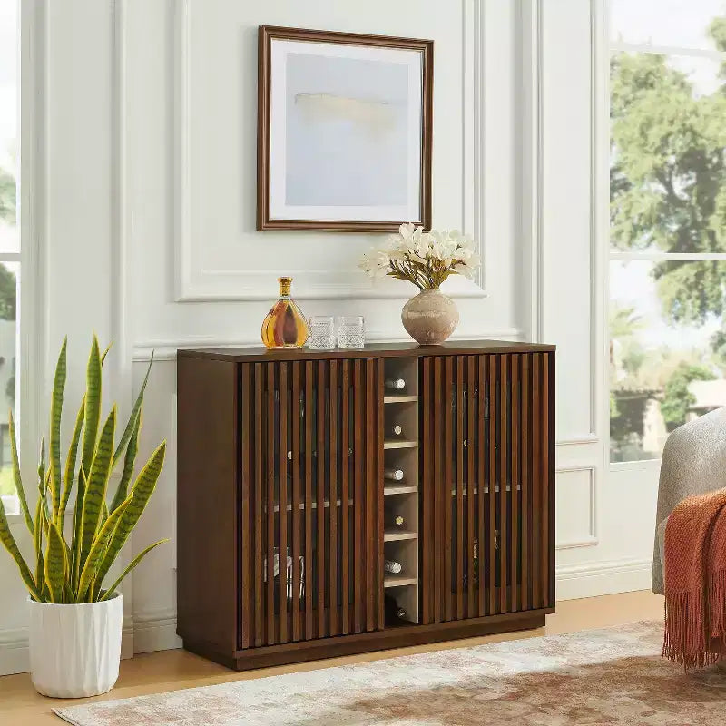 Modern 43" Wooden Fluted Buffet Cabinet with Rack and Wine Glass Holder