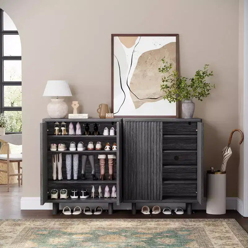 31.6 Inch Shoe Cabinet Storage for Entryway with Fluted Door,5-Tier Storage with 4 Adjustable Shelves, Rustic Entryway Shoe Bench for Hallway & Foyer