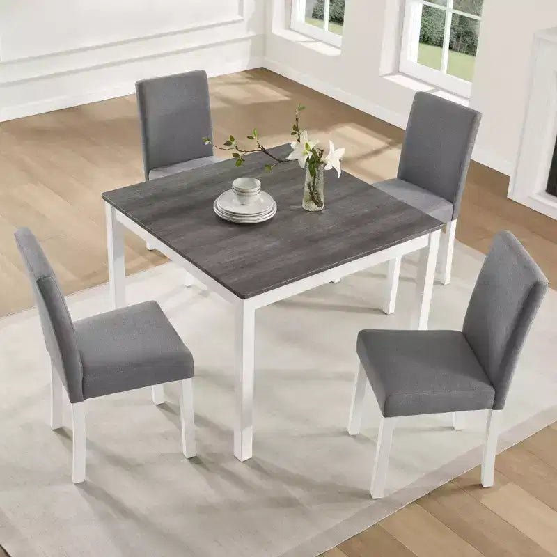 Modern Rubberwood Dining Table with 4 Linen Upholstered Chairs