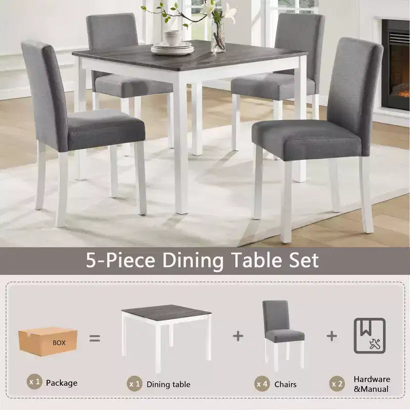 Modern Rubberwood Dining Table with 4 Linen Upholstered Chairs