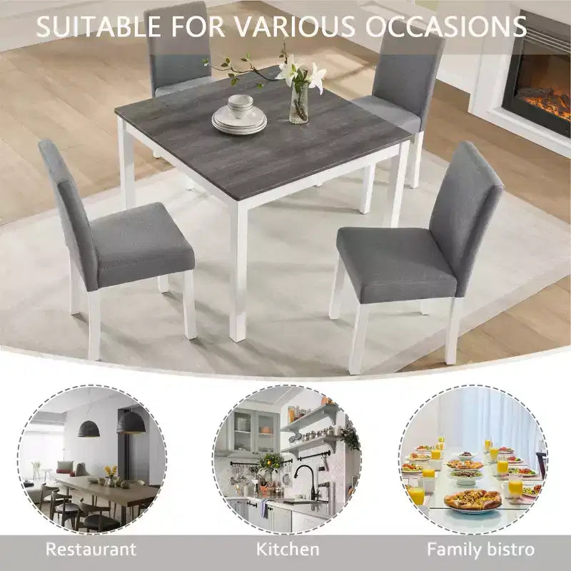 Modern Rubberwood Dining Table with 4 Linen Upholstered Chairs