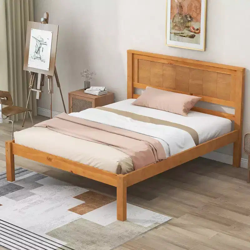 FAMYYT Twin Size Platform Bed With Headboard, Easy Assembly, Oak