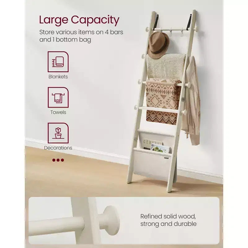 Blanket Ladder, 5-Tier Wooden Ladder Shelf, Decorative Farmhouse Blanket Rack with Synthetic Leather Bag, Metal Hooks, Cream White