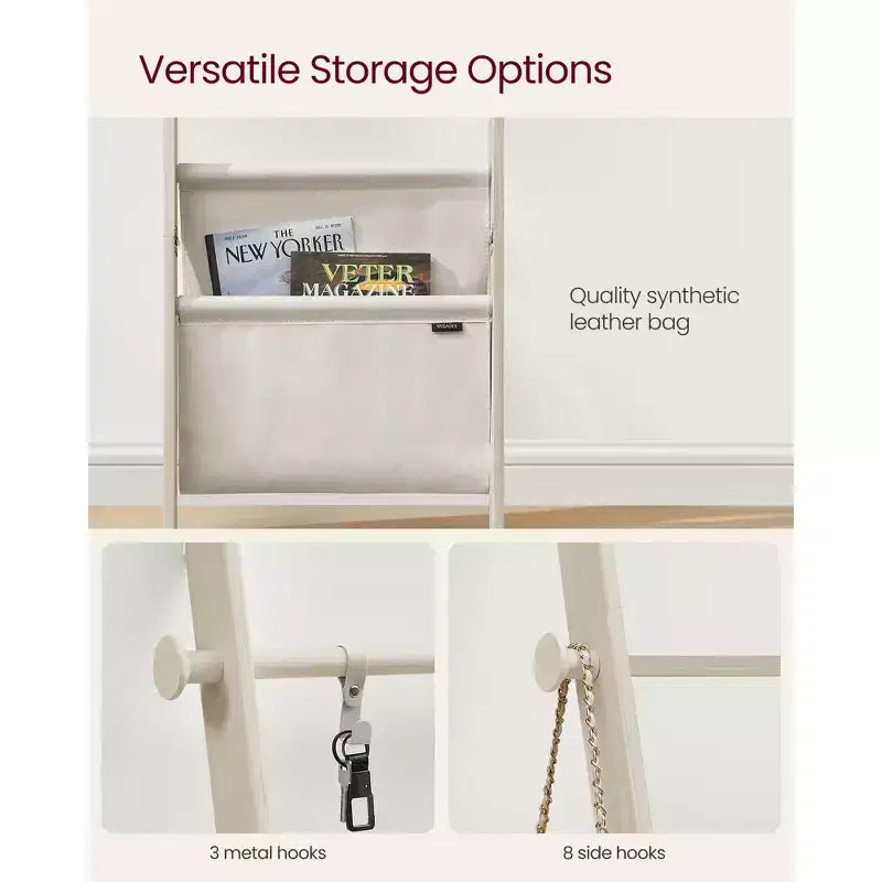 Blanket Ladder, 5-Tier Wooden Ladder Shelf, Decorative Farmhouse Blanket Rack with Synthetic Leather Bag, Metal Hooks, Cream White