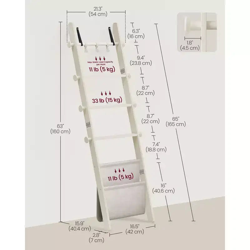 Blanket Ladder, 5-Tier Wooden Ladder Shelf, Decorative Farmhouse Blanket Rack with Synthetic Leather Bag, Metal Hooks, Cream White