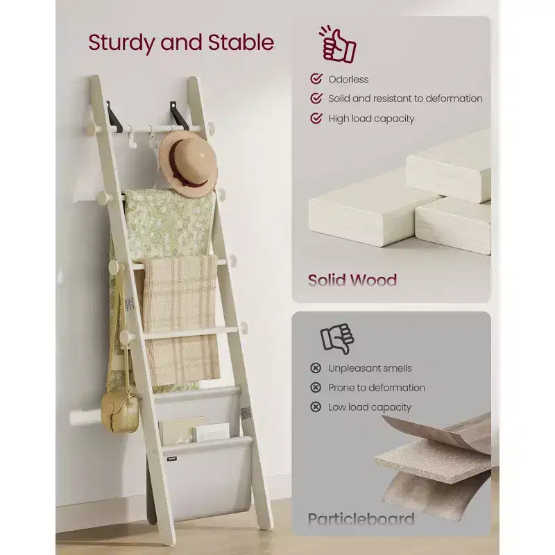 Blanket Ladder, 5-Tier Wooden Ladder Shelf, Decorative Farmhouse Blanket Rack with Synthetic Leather Bag, Metal Hooks, Cream White