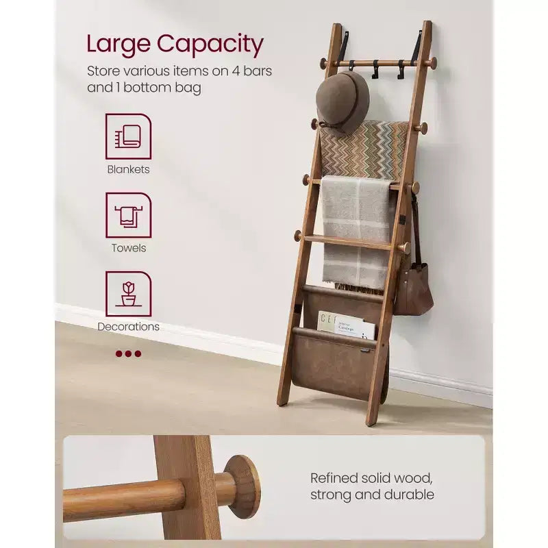 Blanket Ladder, 5-Tier Wooden Ladder Shelf, Decorative Farmhouse Blanket Rack with Synthetic Leather Bag, Metal Hooks, Cream White
