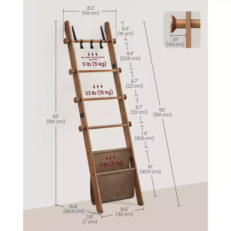 Blanket Ladder, 5-Tier Wooden Ladder Shelf, Decorative Farmhouse Blanket Rack with Synthetic Leather Bag, Metal Hooks, Cream White