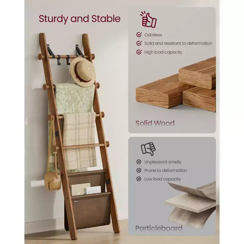 Blanket Ladder, 5-Tier Wooden Ladder Shelf, Decorative Farmhouse Blanket Rack with Synthetic Leather Bag, Metal Hooks, Cream White