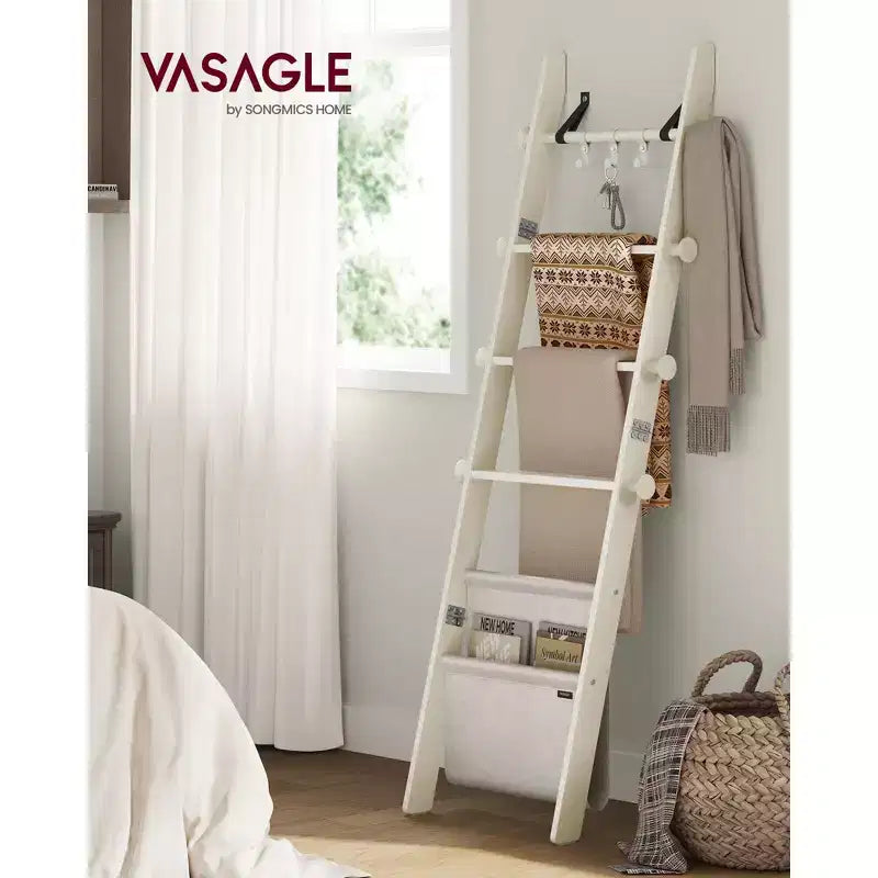 Blanket Ladder, 5-Tier Wooden Ladder Shelf, Decorative Farmhouse Blanket Rack with Synthetic Leather Bag, Metal Hooks, Cream White