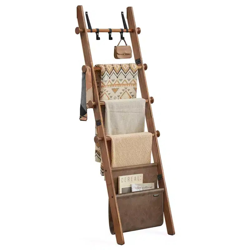 VASAGLE Blanket Ladder, 5-Tier Wooden Ladder Shelf, Decorative Farmhouse Blanket Rack with Synthetic Leather Bag, Metal Hooks, Cream White