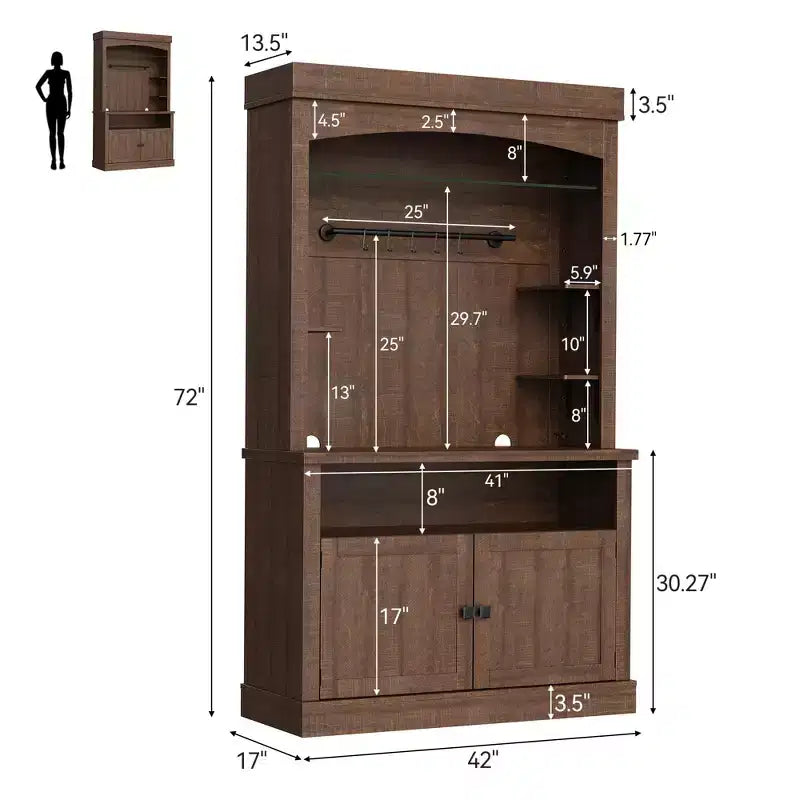 72 Tall Farmhouse Coffee Bar Cabinet w/ LED Lights, Kitchen Sideboard Buffet w/ Wine Rack, Glass Shelf & Microwave Stand for Dining Room