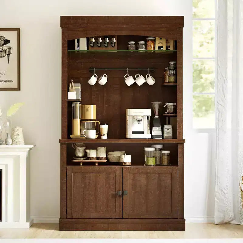 72 Tall Farmhouse Coffee Bar Cabinet w/ LED Lights, Kitchen Sideboard Buffet w/ Wine Rack, Glass Shelf & Microwave Stand for Dining Room
