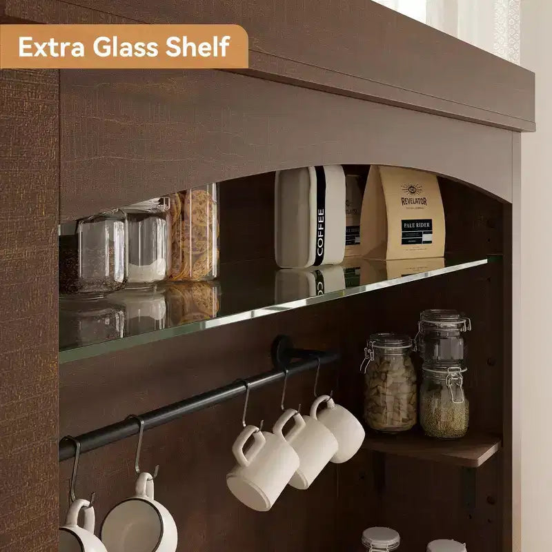 72 Tall Farmhouse Coffee Bar Cabinet w/ LED Lights, Kitchen Sideboard Buffet w/ Wine Rack, Glass Shelf & Microwave Stand for Dining Room