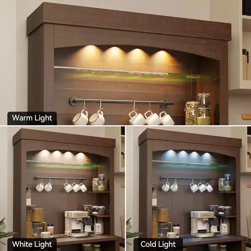 72 Tall Farmhouse Coffee Bar Cabinet w/ LED Lights, Kitchen Sideboard Buffet w/ Wine Rack, Glass Shelf & Microwave Stand for Dining Room