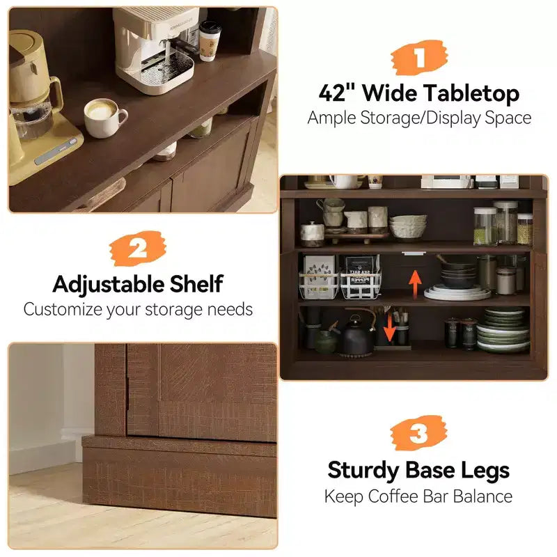 72 Tall Farmhouse Coffee Bar Cabinet w/ LED Lights, Kitchen Sideboard Buffet w/ Wine Rack, Glass Shelf & Microwave Stand for Dining Room