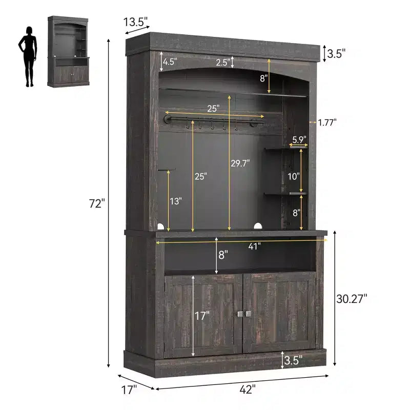 72 Tall Farmhouse Coffee Bar Cabinet w/ LED Lights, Kitchen Sideboard Buffet w/ Wine Rack, Glass Shelf & Microwave Stand for Dining Room