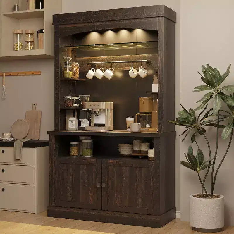 72 Tall Farmhouse Coffee Bar Cabinet w/ LED Lights, Kitchen Sideboard Buffet w/ Wine Rack, Glass Shelf & Microwave Stand for Dining Room
