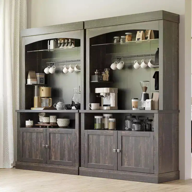 72 Tall Farmhouse Coffee Bar Cabinet w/ LED Lights, Kitchen Sideboard Buffet w/ Wine Rack, Glass Shelf & Microwave Stand for Dining Room