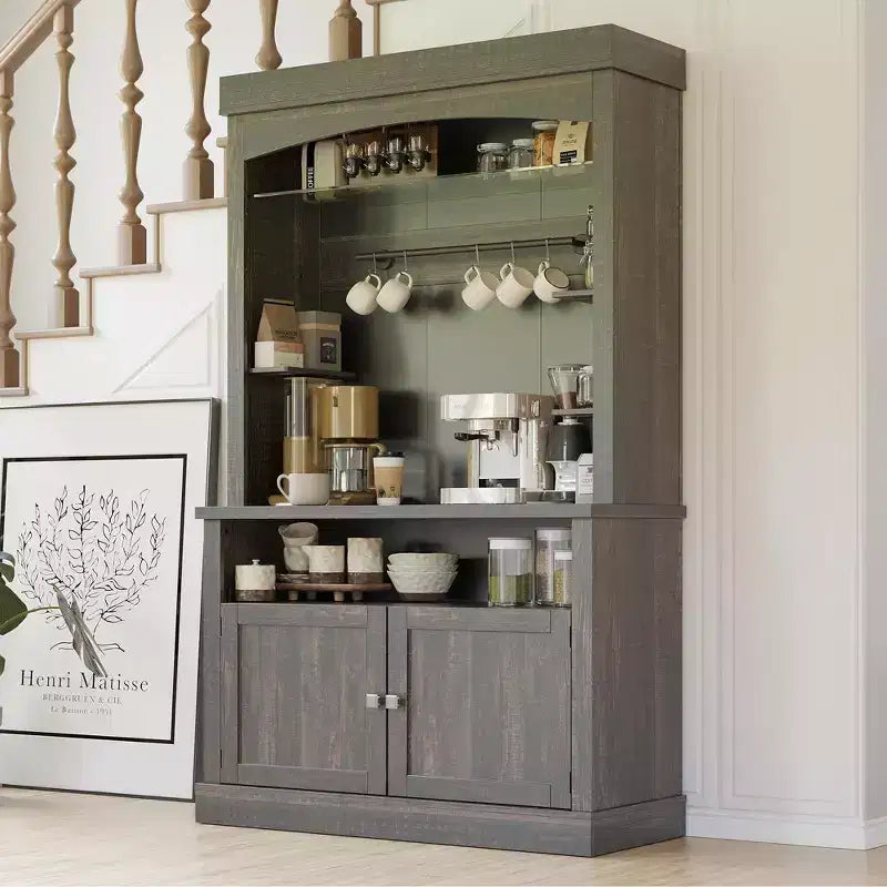 72 Tall Farmhouse Coffee Bar Cabinet w/ LED Lights, Kitchen Sideboard Buffet w/ Wine Rack, Glass Shelf & Microwave Stand for Dining Room
