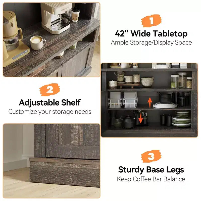 72 Tall Farmhouse Coffee Bar Cabinet w/ LED Lights, Kitchen Sideboard Buffet w/ Wine Rack, Glass Shelf & Microwave Stand for Dining Room