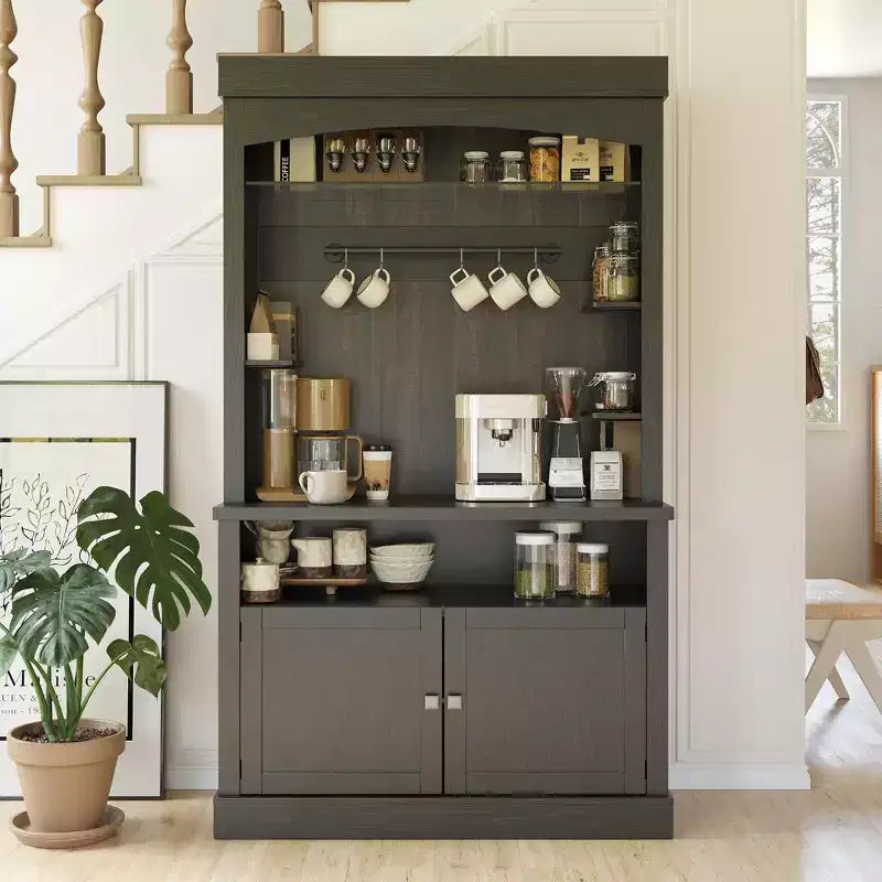 72 Tall Farmhouse Coffee Bar Cabinet w/ LED Lights, Kitchen Sideboard Buffet w/ Wine Rack, Glass Shelf & Microwave Stand for Dining Room