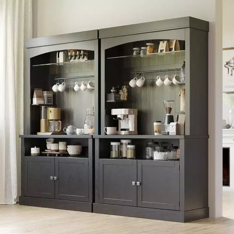 72 Tall Farmhouse Coffee Bar Cabinet w/ LED Lights, Kitchen Sideboard Buffet w/ Wine Rack, Glass Shelf & Microwave Stand for Dining Room