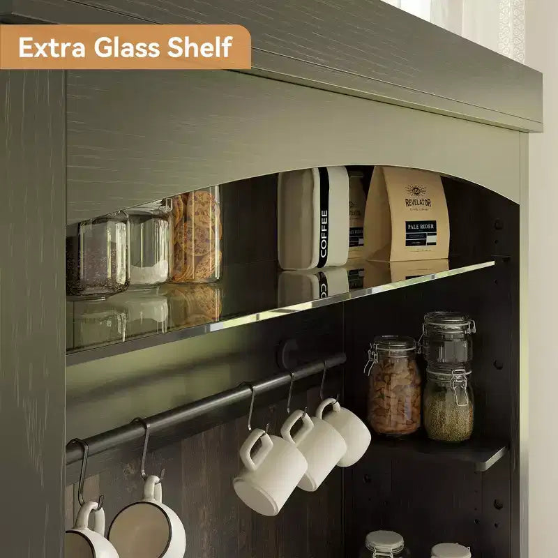 72 Tall Farmhouse Coffee Bar Cabinet w/ LED Lights, Kitchen Sideboard Buffet w/ Wine Rack, Glass Shelf & Microwave Stand for Dining Room