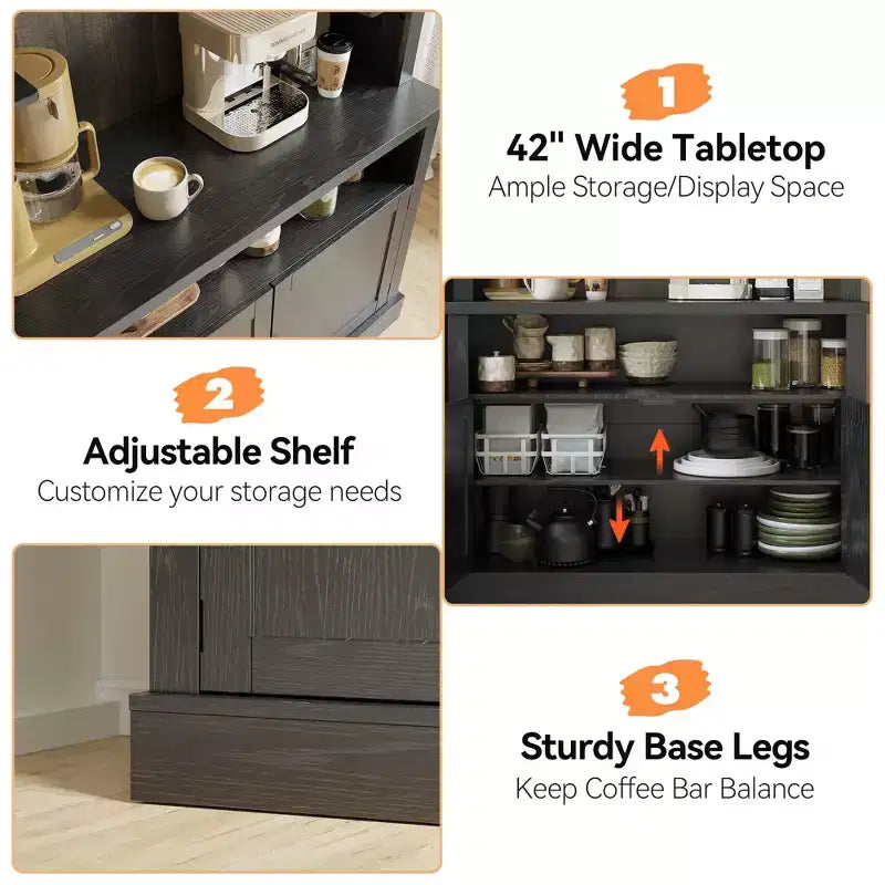 72 Tall Farmhouse Coffee Bar Cabinet w/ LED Lights, Kitchen Sideboard Buffet w/ Wine Rack, Glass Shelf & Microwave Stand for Dining Room