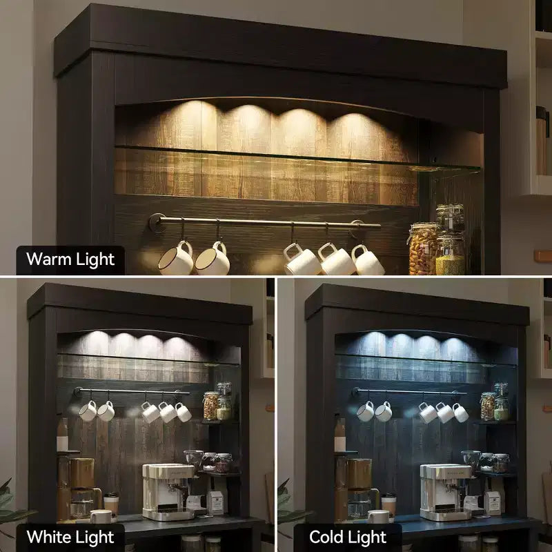 72 Tall Farmhouse Coffee Bar Cabinet w/ LED Lights, Kitchen Sideboard Buffet w/ Wine Rack, Glass Shelf & Microwave Stand for Dining Room