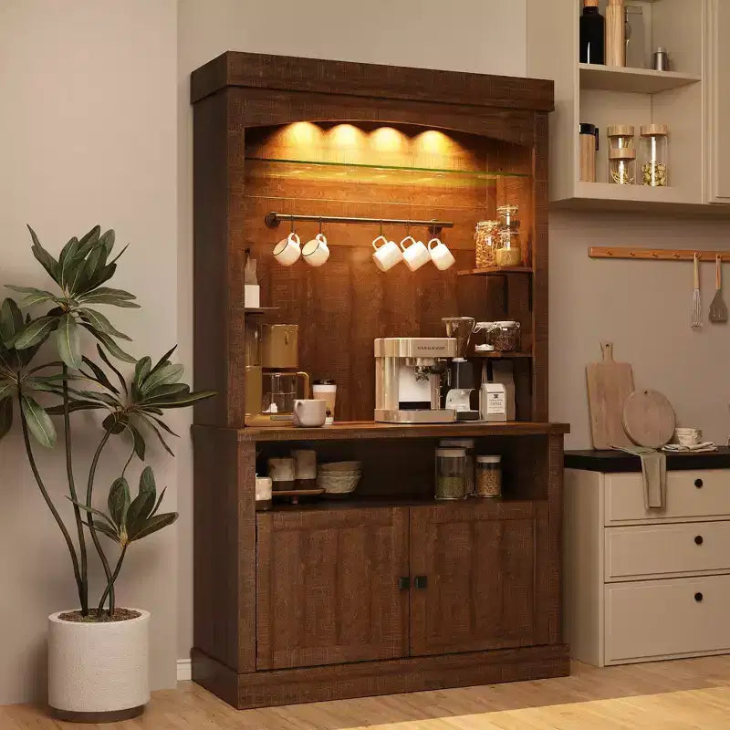 72 Tall Farmhouse Coffee Bar Cabinet w/ LED Lights, Kitchen Sideboard Buffet w/ Wine Rack, Glass Shelf & Microwave Stand for Dining Room