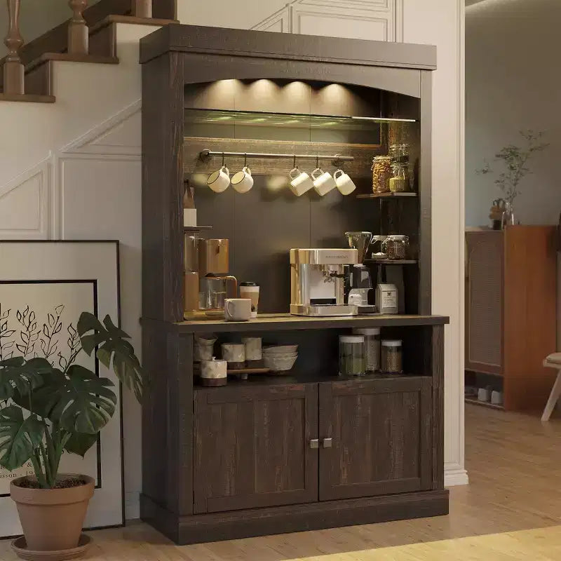 72 Tall Farmhouse Coffee Bar Cabinet w/ LED Lights, Kitchen Sideboard Buffet w/ Wine Rack, Glass Shelf & Microwave Stand for Dining Room