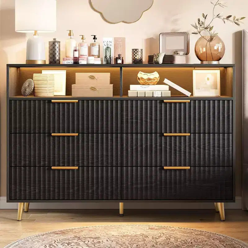 GustoWave Modern 47.2 Wide 6 Drawers Dresser for Bedroom with LED Lights and Charging Station, Black