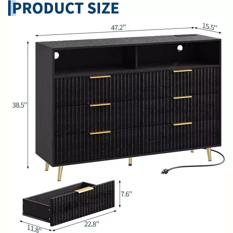 Modern 47.2 Wide 6 Drawers Dresser for Bedroom with LED Lights and Charging Station, Black