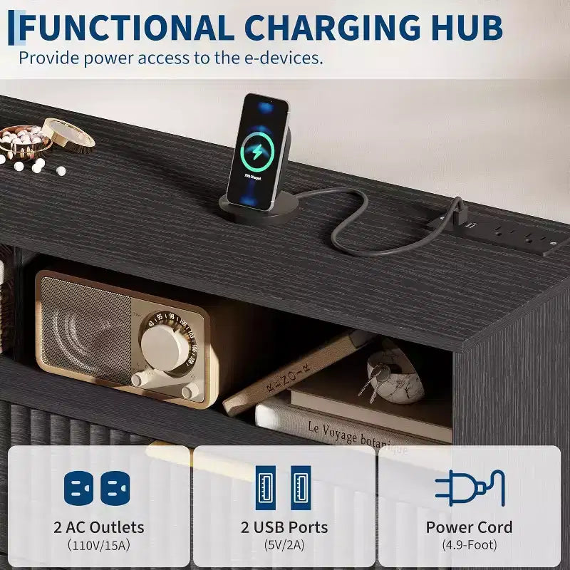 Modern 47.2 Wide 6 Drawers Dresser for Bedroom with LED Lights and Charging Station, Black