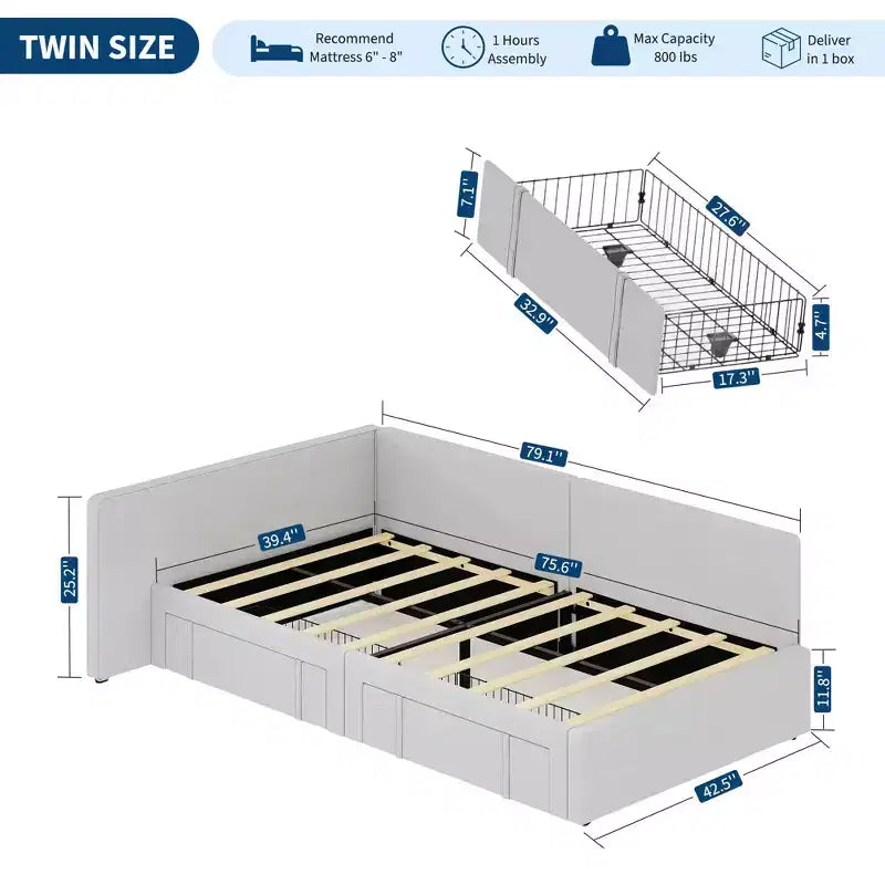 Twin Corner Bed Frame w/ 2 Storage Drawers, Velvet Upholstered Daybed Sofa Bed w/ Headboard & Guardrail for Kids, Teens & Guest Room
