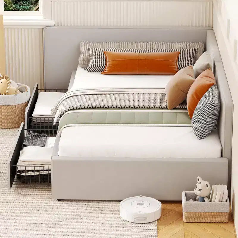 Twin Corner Bed Frame w/ 2 Storage Drawers, Velvet Upholstered Daybed Sofa Bed w/ Headboard & Guardrail for Kids, Teens & Guest Room