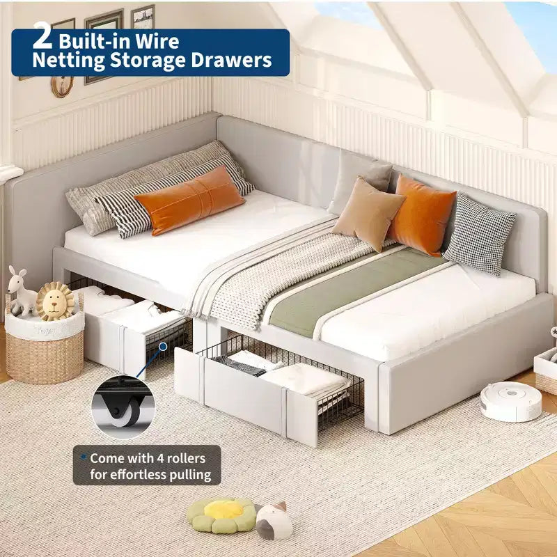 Twin Corner Bed Frame w/ 2 Storage Drawers, Velvet Upholstered Daybed Sofa Bed w/ Headboard & Guardrail for Kids, Teens & Guest Room