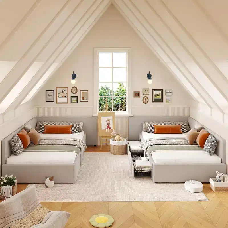 Twin Corner Bed Frame w/ 2 Storage Drawers, Velvet Upholstered Daybed Sofa Bed w/ Headboard & Guardrail for Kids, Teens & Guest Room