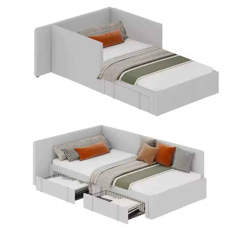 Twin Corner Bed Frame w/ 2 Storage Drawers, Velvet Upholstered Daybed Sofa Bed w/ Headboard & Guardrail for Kids, Teens & Guest Room