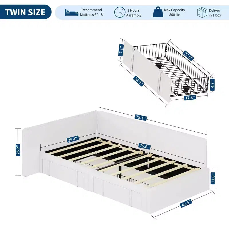 Twin Corner Bed Frame w/ 2 Storage Drawers, Velvet Upholstered Daybed Sofa Bed w/ Headboard & Guardrail for Kids, Teens & Guest Room