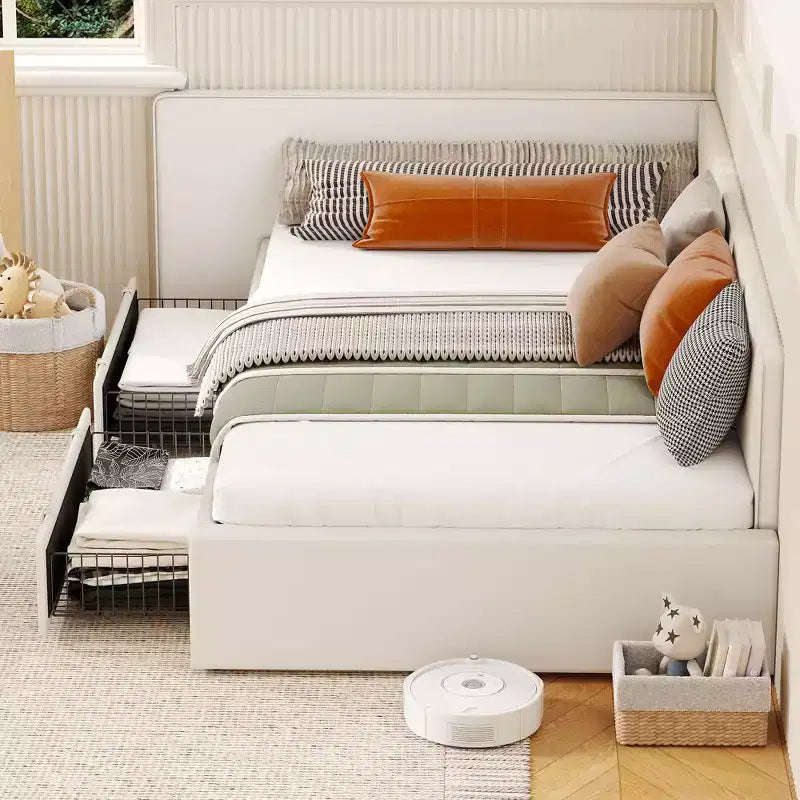 Twin Corner Bed Frame w/ 2 Storage Drawers, Velvet Upholstered Daybed Sofa Bed w/ Headboard & Guardrail for Kids, Teens & Guest Room