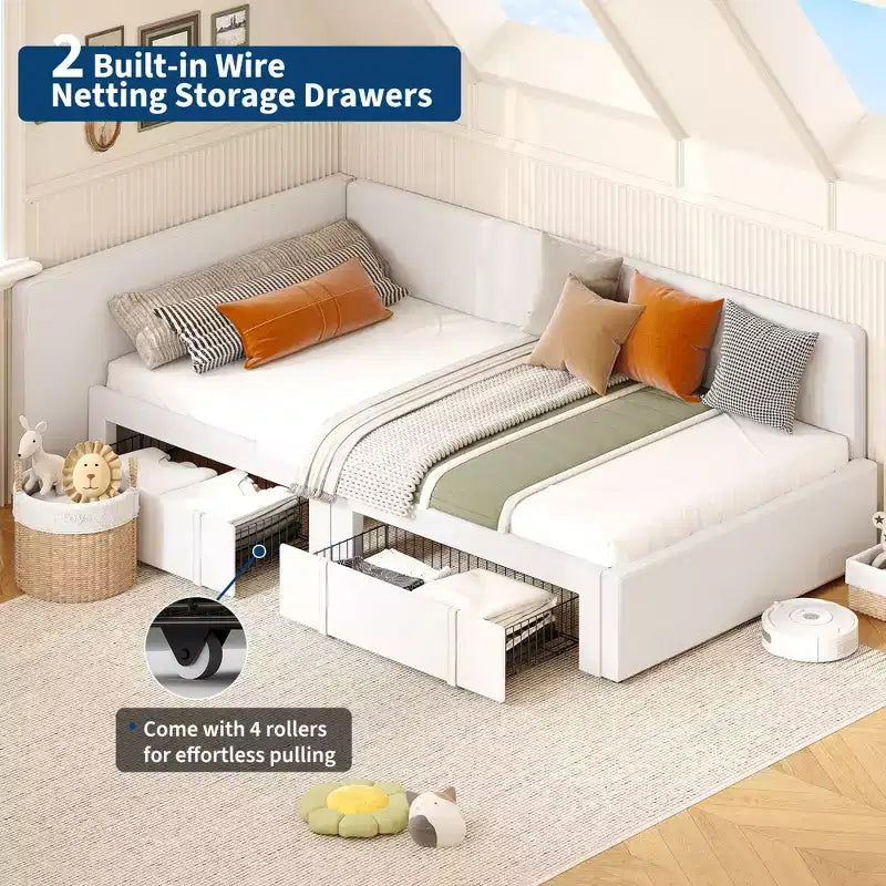 Twin Corner Bed Frame w/ 2 Storage Drawers, Velvet Upholstered Daybed Sofa Bed w/ Headboard & Guardrail for Kids, Teens & Guest Room