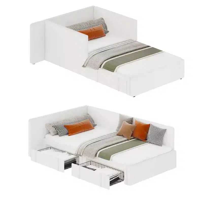 Twin Corner Bed Frame w/ 2 Storage Drawers, Velvet Upholstered Daybed Sofa Bed w/ Headboard & Guardrail for Kids, Teens & Guest Room